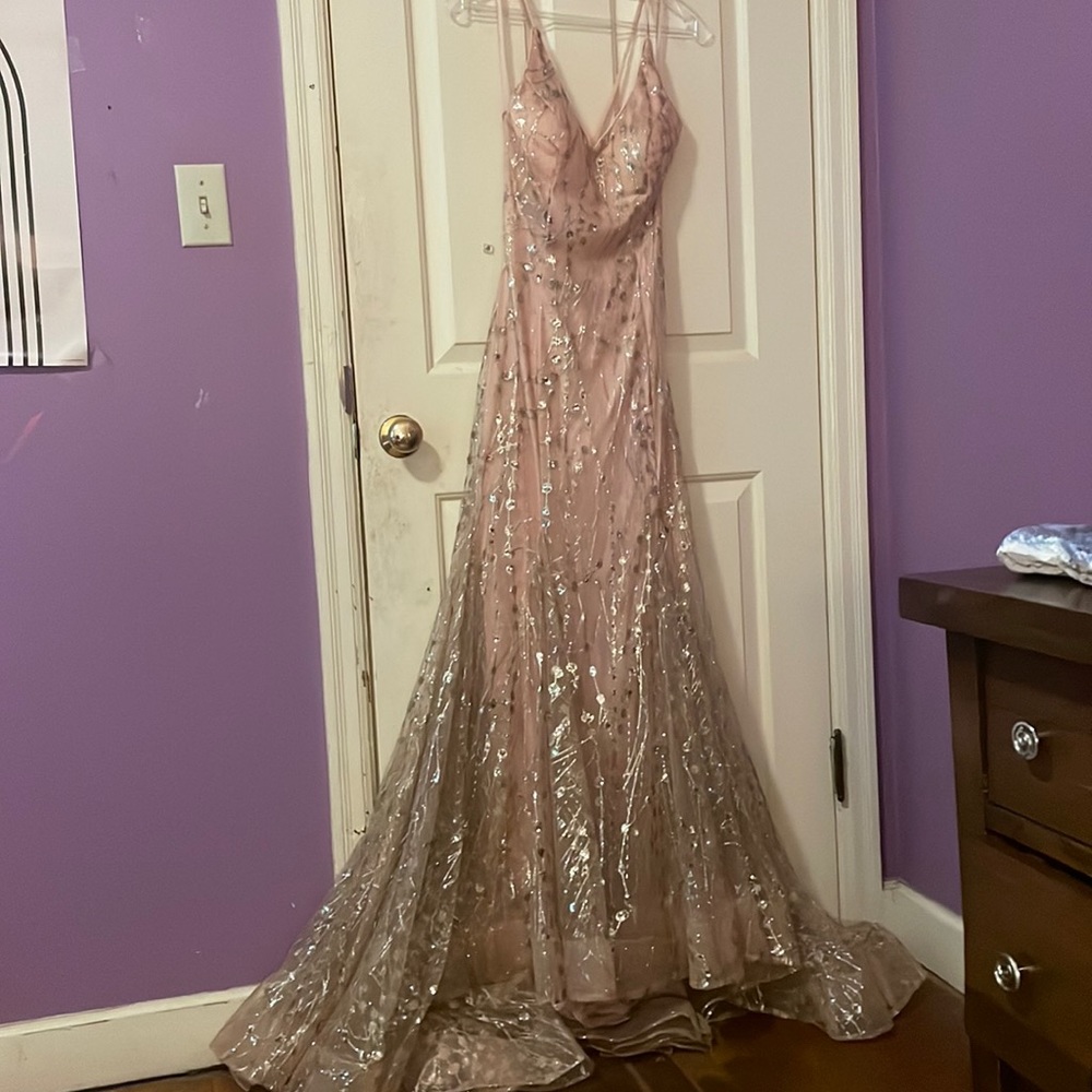 Blush pink prom dress with gold sequins worn once